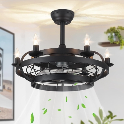 Black Caged Ceiling Fan with Light, Farmhouse Industrial Bladeless Ceiling Fan with Remote, Modern Fan Light Fixture for Bedroom Kitchen Dining Room