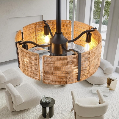 18 in. Caged Ceiling Fan with Light and Remote, Rattan Reversible Ceiling Fan Winter Summer, Chandelier Ceiling Fan for Bedroom Living Room Kitchen