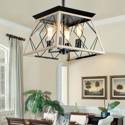 4-Light Brown Pendant Light with Square Cage, Farmhouse Geometric Dimmable Hanging Pendant Light