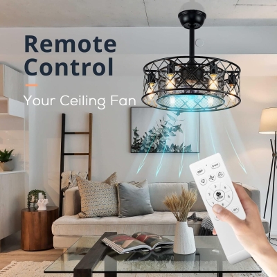 20 in. Caged Ceiling Fan with Light Remote, Flush Mount Rustic Farmhouse Vintage Ceiling Fans with Lights, Black Low Profile Enclosed Ceiling Fan