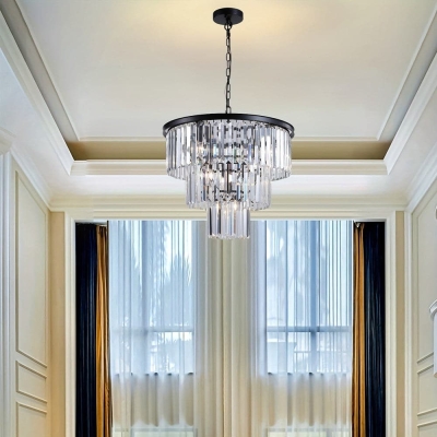 11-Light Black Luxury Crystal Pendant Light, Modern Round 3-layer Crystal Pendant Light Chandelier for Bathroom Dining Room Kitchen Island Living Room