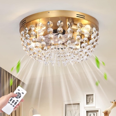 Gold Modern Fan with Light, Small Ceiling Fans Flush Mount Low Profile, Boho Remote Control Ceiling Fan, Smart Crystal Caged Bedroom Ceiling Fans