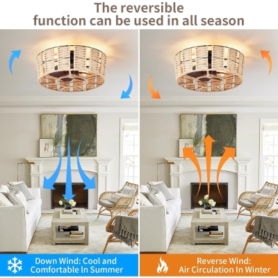 Low Profile Enclosed Caged Ceiling Fan with Lights and Remote, Boho Flush Mount Rattan Ceiling Fan, Reversible Ceiling Fan Winter Summer
