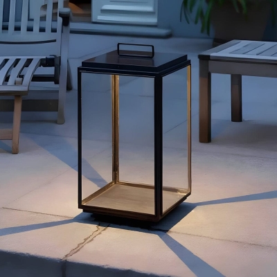 Modern Black Stainless Steel Lanterns with Clear Glass Shades and Built-In LED for Elegant Outdoor Lighting, Portable with Sturdy Handle
