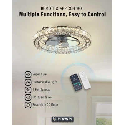20 in. Crystal Ceiling Fan with Light and Remote, Flush Mount Chandelier Fan, Reversible Low Profile Fandelier Ceiling Fan