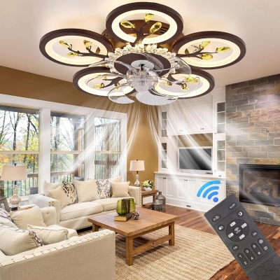 Flower Remote Control Ceiling Fan with Light, Silent Dimmable Invisible Ceiling Fan for Bedroom Living Room, Brown Decorative Ceiling Fans