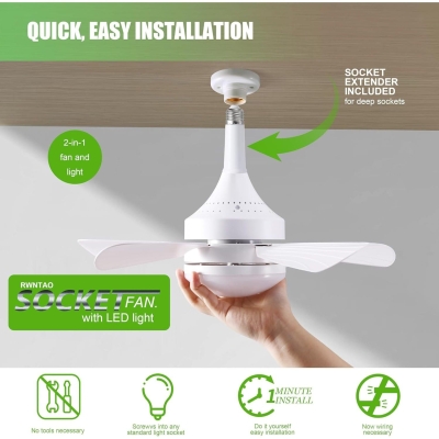 18 in. Stepless Dimming Ceiling Fan, Socket Ceiling Fan Light with Remote for Bedroom Kitchen Living Room