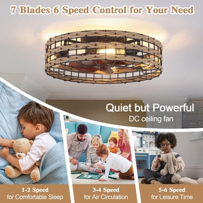 20 in. Flush Mount Enclosed Caged Rattan Ceiling Fan with Light, Farmhouse Rustic Vintage Low Profile Ceiling Fan Light Fixture with Remote Control