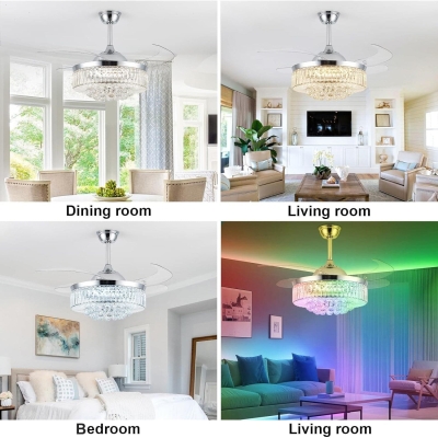 42 in. Crystal Chandelier Ceiling Fan with RGB Light and Remote, Retractable Fandelier Ceiling Fan with Speaker, Smart Fans for Living Room