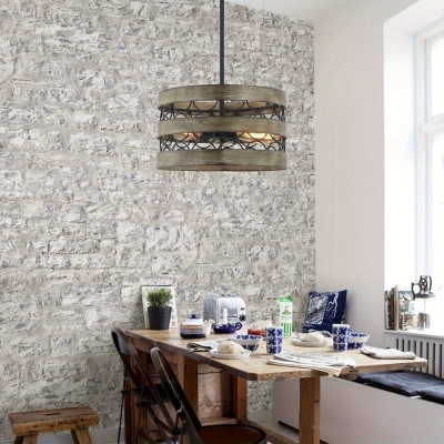 3-Light Drum Shaped Hanging Pendant Lights for Kitchen, Vintage Rustic Pendant Lights with Metal Frame