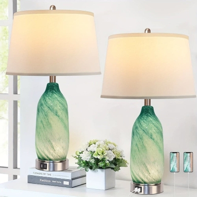Green Table Lamp Bedside Lamp Desk Lamp with 2 USB Ports Built-in LED Light White Shade, Coastal Modern Nightstand Lamp for Living Room Bedroom Office D&eacute;cor