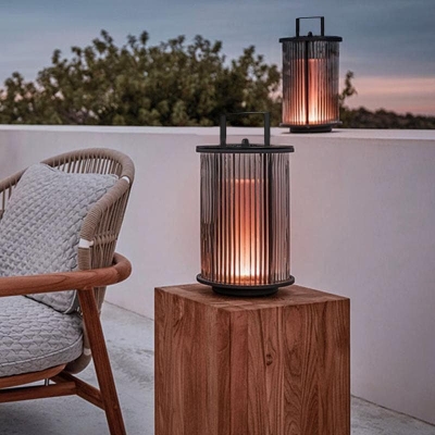 Modern Minimalist Outdoor Lantern with Ribbed Glass Frame and Stainless Steel Handle, Portable Garden and Patio Lighting Solution