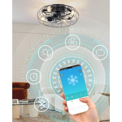 18 in. Small Caged Flush Mount Remote Control Ceiling Fan and Light, Black Low Profile Bladeless Rustic Fan for Bedroom Kitchen Dining Room
