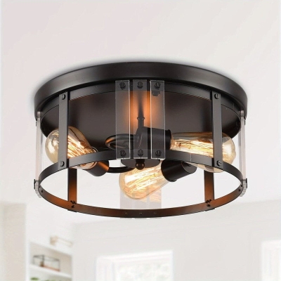 3-Light Drum Shaped Flush Mount Light, IndustrialBlack Flush Mount Light