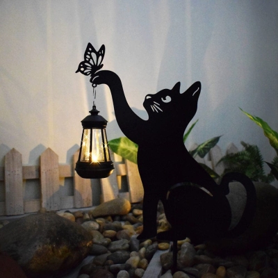 Adorable Metal Kitten Silhouette Garden Decor with Solar Lantern, Sturdy, Rustproof, and Solar-Powered for Fun Outdoor Decoration