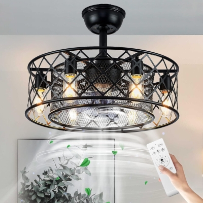 20 in. Caged Ceiling Fan with Light Remote, Flush Mount Rustic Farmhouse Vintage Ceiling Fans with Lights, Black Low Profile Enclosed Ceiling Fan