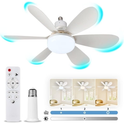 White Socket Fan Light with Remote, Screw In Small Ceiling Fan with Light, Cordless Light Socket Fan, Dimmable LED Ceiling Fan for Garages and Small Rooms