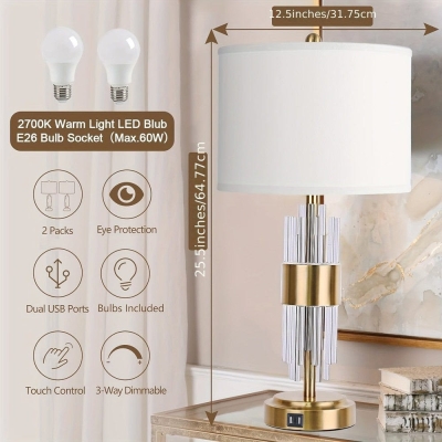 Set of 2 LED Gold Bedside Table Lamp with USB Ports Touch Control, Modern White Drum Shaped Table Lamp for Living Room Nightstand Bedroom Home Office Decor