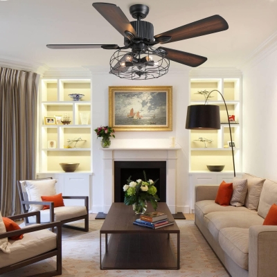 52 in. Industrial Caged Ceiling Fan with Light and Remote, Black Vintage Farmhouse Fandelier for Dining Room Living Room Bedroom