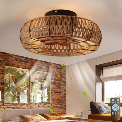 20 in. Industrial Low Profile Flush Mount Bladeless Ceiling Fan with Light and Remote, Reversible Boho Enclosed Caged Ceiling Fans