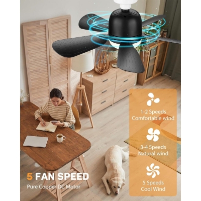 20 in. Black Ceiling Fan with Lights and Remote, Light Socket Fan, Small Dimmable Bedroom Ceiling Fans, Kitchen Ceiling Fans, Garage Ceiling Fan