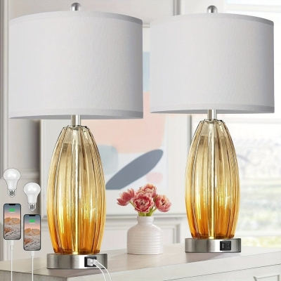 Set of 2 Contemporary Coastal Table Lamp Desk Lamp with USB Ports, Champagne Glass LED Bedside Lamp for Living Room Bedroom Nightstand Side Table End Table