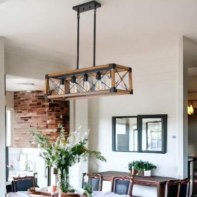 5-Light Kitchen Island Pendant, Hanging Light Fixture, Wood Black Pendant Lights for Living Room Dining Room