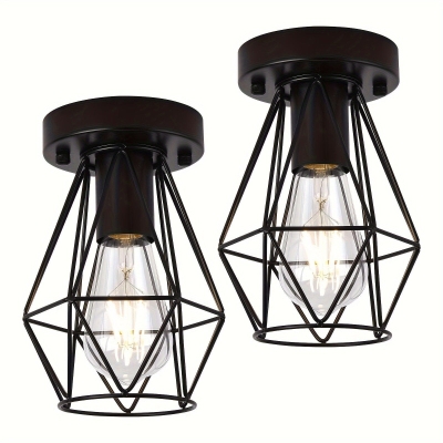 Set of 2 Semi-Flush Mount Ceiling Light with Metal Cage, Industrial Hollow Flush Mount Ceiling Light