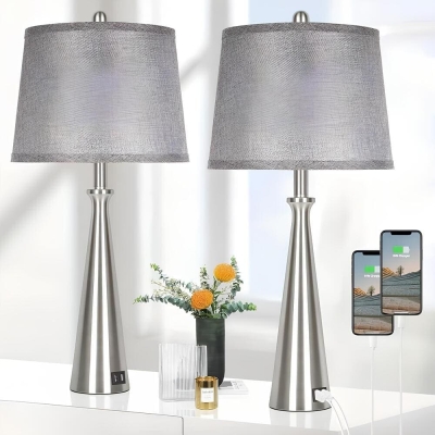 Set of 2 Sliver Table Lamps, Bedside Lamp with Grey Shade, Tall Nickel Nightstand Lamp Desk Lamp