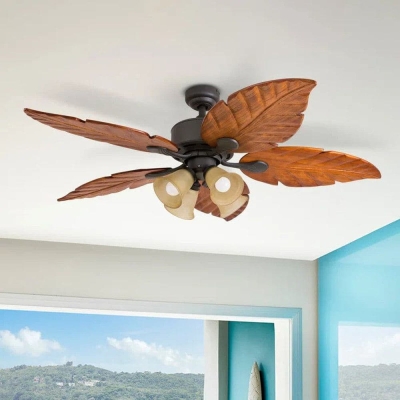 52 in. Tropical LED Ceiling Fan with Light Kits Wood Blade Pull Chain Remote Control for Living Room