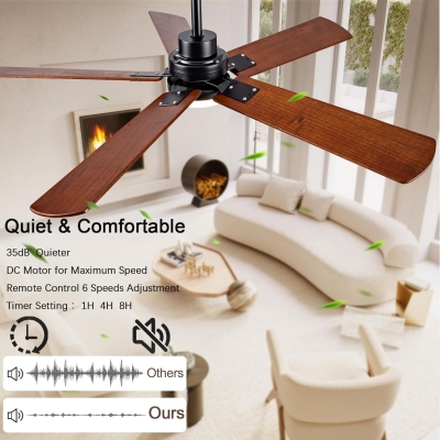 52 in. Walnut Ceiling Fan with Remote Control for Bedroom Living Room, Outdoor Farmhouse Modern Reversible Ceiling Fan for Patio