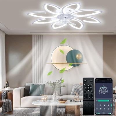 White Modern Ceiling Fan with Lights and Remote APP Control, Brightness LED Flush Mount Ceiling Lights for Living Room Bedroom