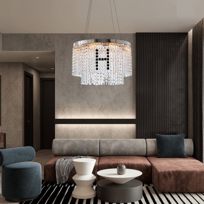 8-Light Elegant Layered Design Crystal Hanging Ceiling Light, Modern Crystal Chandelier for Living Room Round Crystal Lamp