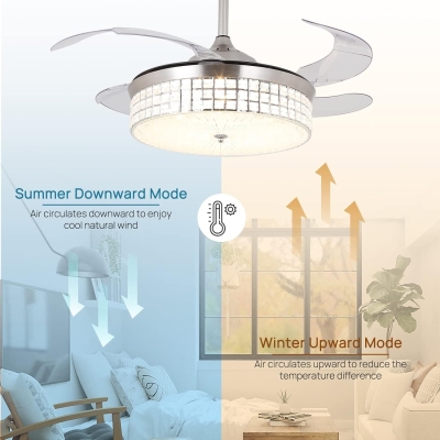 Retractable Ceiling Fan with Lights and Remote, Modern LED Ceiling Fan and Light, Crystal Fandelier Chandelier Fan for Bedroom Living Room Dining Room
