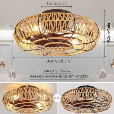Caged Low Ceiling Fan with Light and Remote, Boho Farmhouse Rattan Ceiling Fan, Enclosed Ceiling Fan, Fandelier for Bedroom Dining Room Living Room Kitchen