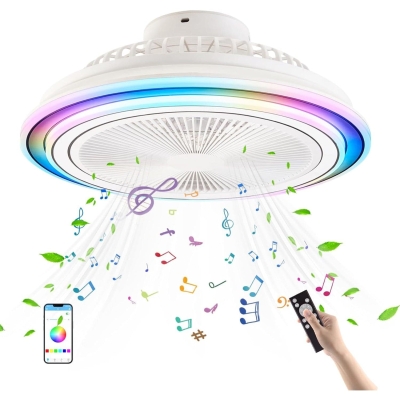White Enclosed Remote Control Ceiling Fan with LED Light, RGB Dimmable Ceiling Fan with Bluetooth Speaker