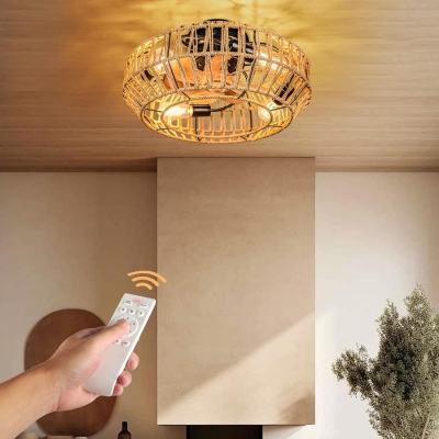 Boho Caged Ceiling Fan, Low Profile Rattan Ceiling Fan with Light Timer and Remote, Enclosed Bladeless Ceiling Fan for Bedroom Kitchen Living Room