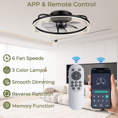 20 in. Bladeless Fandelier Flush Mount and Light for Bedroom Living Room, Black Ceiling Fan with Light, Low Ceiling Fan with Remote APP Control