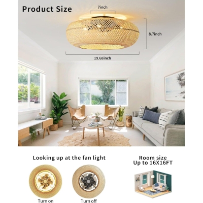 20 in. Boho Bamboo Caged Flush Mount Ceiling Fan with Lights and Remote, Small Enclosed Fandelier for Bedroom Kitchen Living Room, Decorative Ceiling Fans