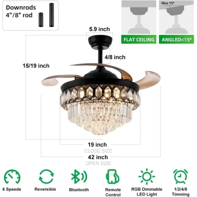 42 in. Black Modern Ceiling Fan with RGB LED Light Smart APP Remote Control Bluetooth Speaker for Bedroom Living Room