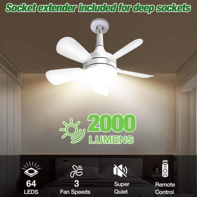 Socket Remote Control Ceiling Fan and Light, Dimmable Small Ceiling Fan for Bedroom Kitchen, Garage Ceiling Fan