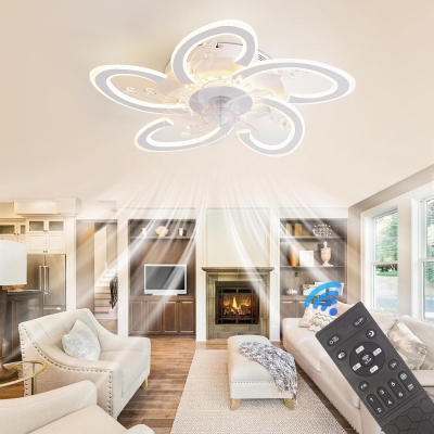 Remote Control Ceiling Fan with Light, Crystal Flower Ceiling Fan with Dimmable LED Light, Low Profile Flush Mount Ceiling Fan for Bedroom Living Room