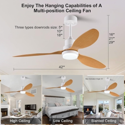 42 in. Ceiling Fan with Light and Remote, 3 Blades and Downrod, Popular Ceiling Fans, Indoor Outdoor Ceiling Fans for Patio Bedroom Living Office Kitchen