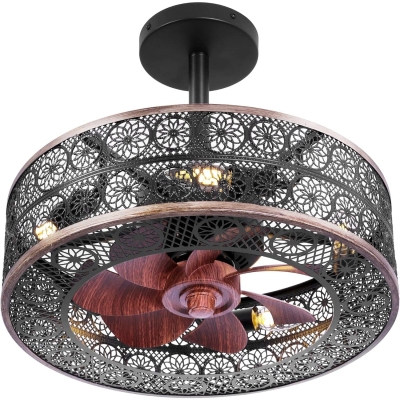 Black Small Caged Ceiling Fan, Industrial Farmhouse Remote Ceiling Fan with Light for Living Room Bedroom Kitchen