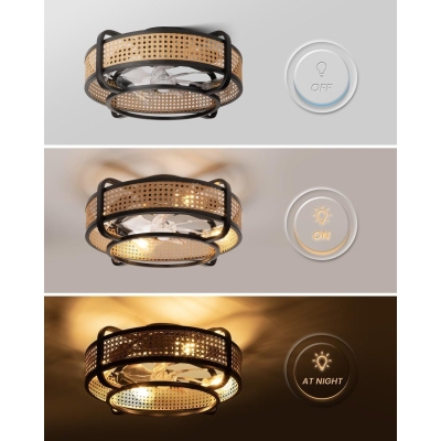 20 in. Boho Rattan Flush Mount Caged Ceiling Fan with Light and Remote, Bladeless Low Profile Reversible Ceiling Fans for Bedroom Living Room Kitchen
