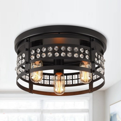 3-Light Industrial Black Drum Shaped Flush Mount Light with Crystal Caged