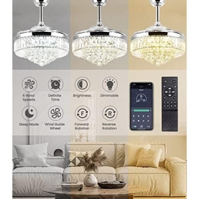 42 in. Luxury Retractable Fandelier Ceiling Fan, Magic Dimmable Crystal Ceiling Fan Chandelier, Hidden Ceiling Fan for Living Room Dining Room