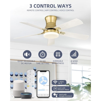 52 in. Low Profile Ceiling Fan with Remote and APP Control, Gold Indoor Outdoor Ceiling Fan with Light, Reversible Dimmable Flush Mount Ceiling Fan