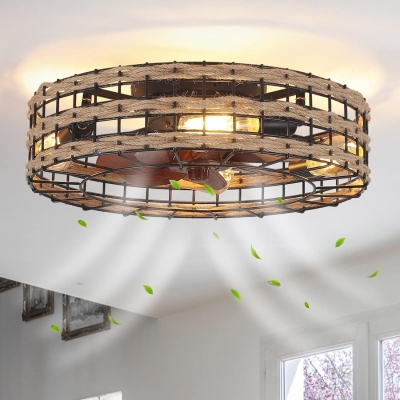20 in. Flush Mount Enclosed Caged Rattan Ceiling Fan with Light, Farmhouse Rustic Vintage Low Profile Ceiling Fan Light Fixture with Remote Control