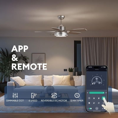 42 in. Ceiling Fan with Light and Remote APP Control, Modern Silver Reversible Quiet Ceiling Fan for Bedroom Living Room, Outdoor Fan for Patio